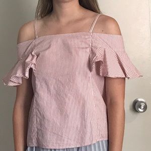 Salmon and White Striped Off the Shoulder Top